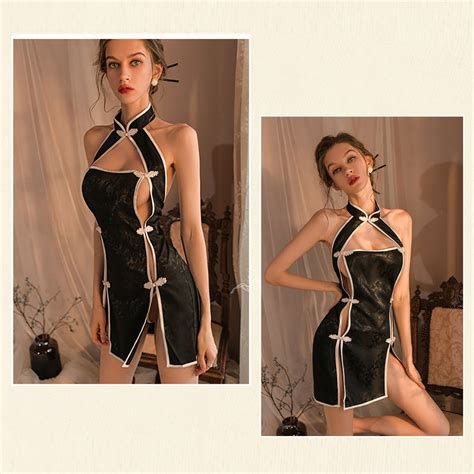 chinese hollow out cheongsam lingerie jacquard sides slit sexy qipao d yomorio