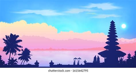 Dark Balinese Temple Palm Trees Silhouettes Stock Vector Royalty Free