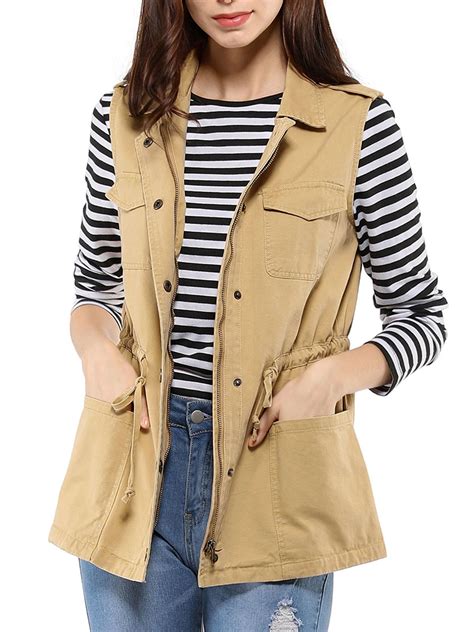 Unique Bargains Women S Drawstring Utility Anorak Cargo Vest Jacket