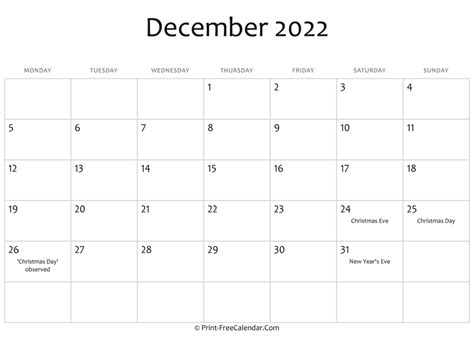 December 2022 Editable Calendar With Holidays And Notes
