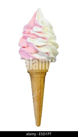 Strawberry And Vanilla Soft Serve Ice Cream With Chocolate Topping In Cone Isolated On A White