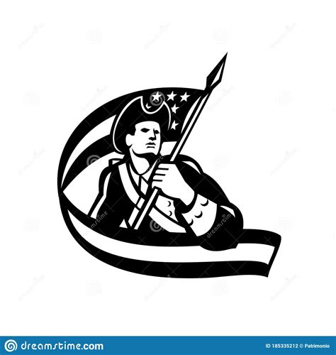 American Patriot Revolutionary Soldier Waving Usa Flag Retro Black And