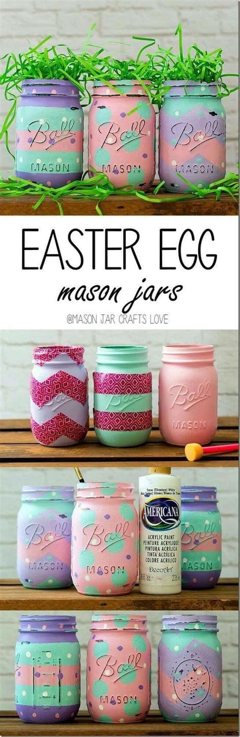 Mason Jars With The Words Easter Egg Painted In Pink Blue And Green On
