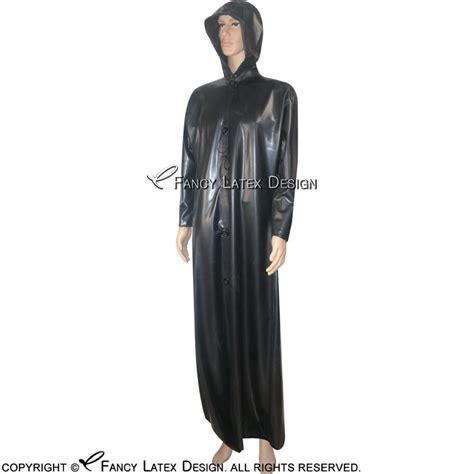 Black Sexy Latex Trench Coats With Hoodie Buttons At Front Rubber Jacket Robe Yf 0019 On