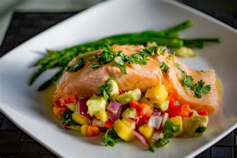 Baked Salmon With Avocado Mango Salsa Over Coconut Lime Rice At Home