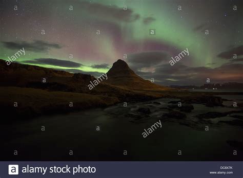 Northern Lights Or Aurora Borealis Over Kirkjufell In The Town Of
