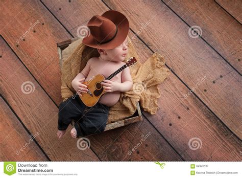 Newborn Baby Cowboy Playing A Tiny Guitar Stock Image Image Of Color