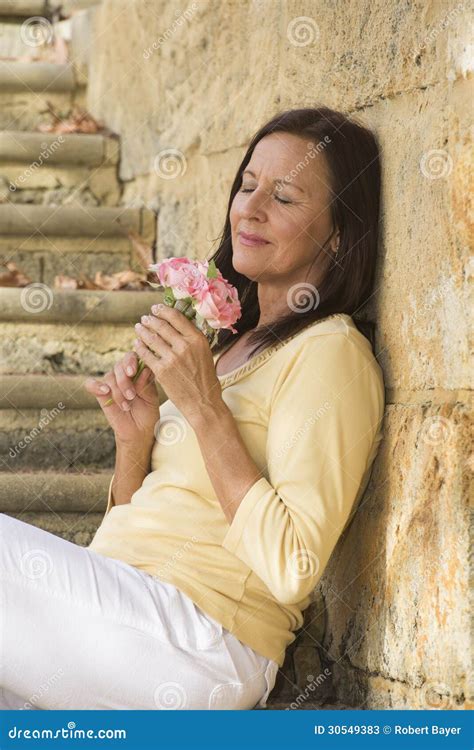 Romantic Mature Woman In Love With Rose Stock Image Image Of