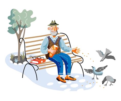 premium vector old man feeding birds aged person retiree sitting on bench in park cartoon