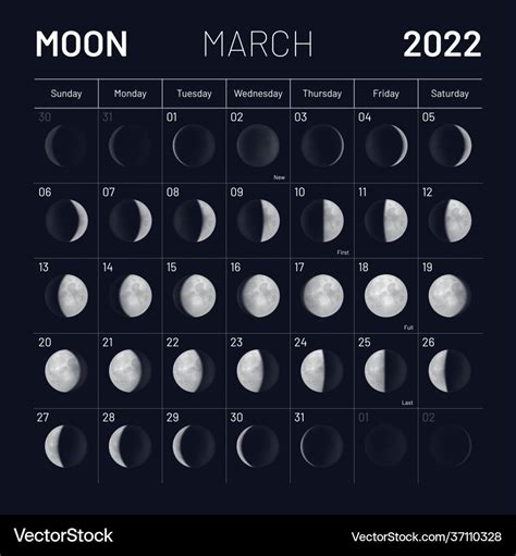 March Moon Phases Calendar On Dark Night Sky Vector Image