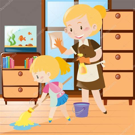 madre e hija limpiando la casa limpiar la casa madre e hija ilustración vectorial