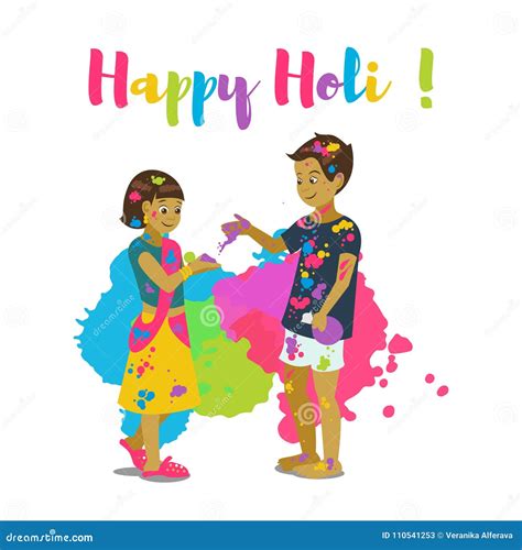 Children Playing Holi Happy Holi Festival Greeting Card And Vector