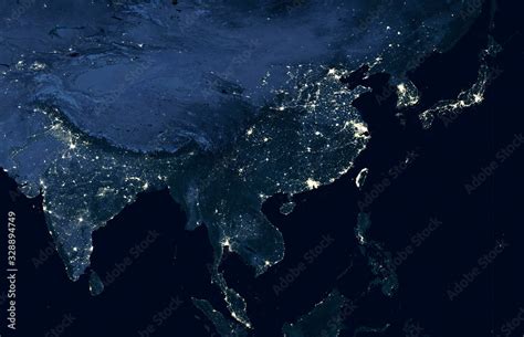 Earth At Night World Map On Satellite Photo City Lights Showing Human
