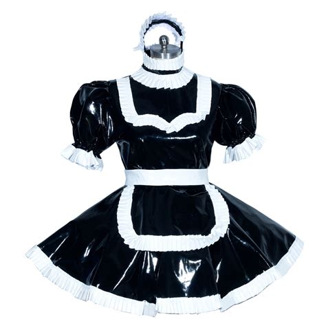 fondcosplay adult sexy cross dressing sissy maid short french heavy black pvc lockable dress