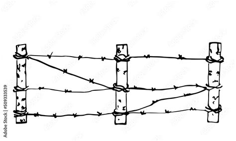 Simple Hand Drawn Black Outline Vector Drawing Barbed Wire Fence And Poles Border Forbidden