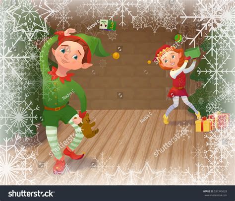 Cute Santas Elves Playing Packing Christmas Stock Vector Royalty Free