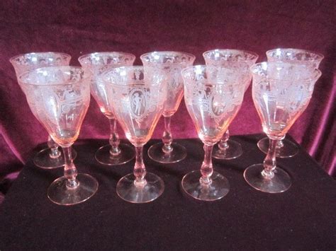 Vintage 1930s 40s Lot Of 9 Pink Etched Nude Lady Stemware For Water Or