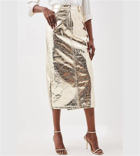 Buy Karen Millen Metallic Faux Leather Midi Skirt In Gold 6thstreet Qatar