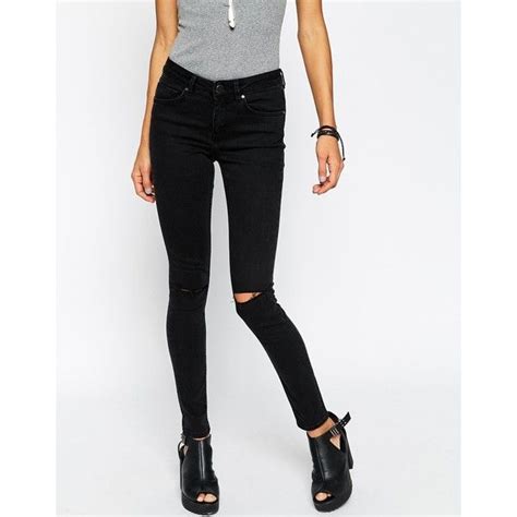 Asos Lisbon Skinny Mid Rise Jeans In Washed Black With Two Displaced