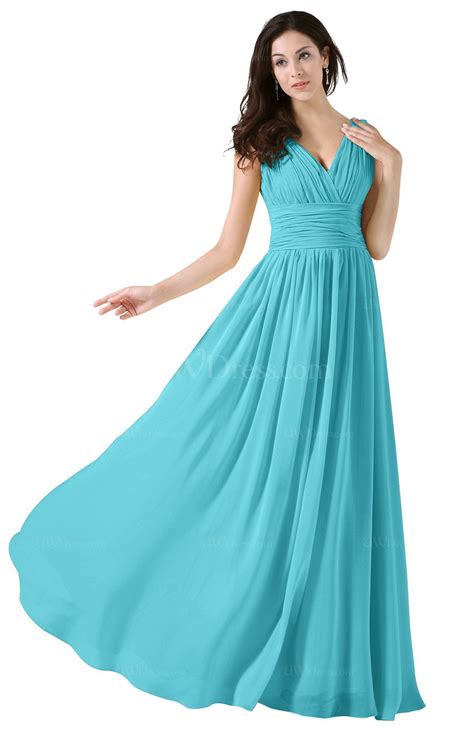 Turquoise Elegant A Line V Neck Sleeveless Floor Length Ruching Party