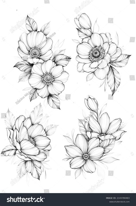 Botanical Set Flowers Tattoo Design Stock Illustration 2143780483