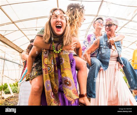 Girls Going Crazy In Party Celebrating With Hippies Clothes And Freedom