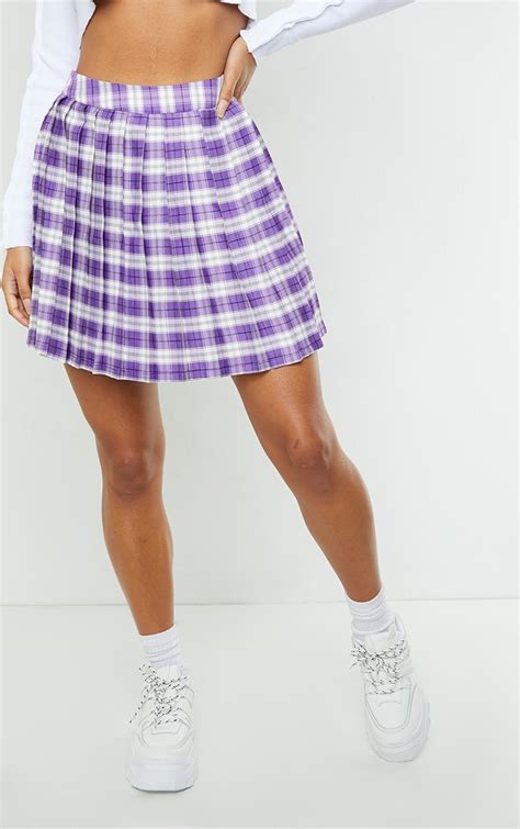 Lilac Check Woven Pleated Tennis Skirt Prettylittlething Ie
