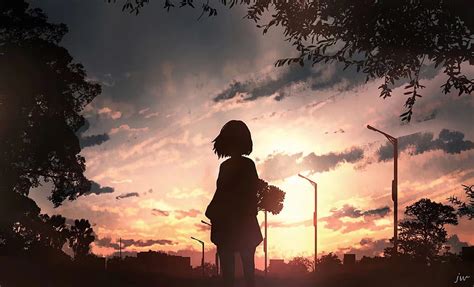 Anime Girl With Flowers Looking Towards Sunset Anime Girl Anime