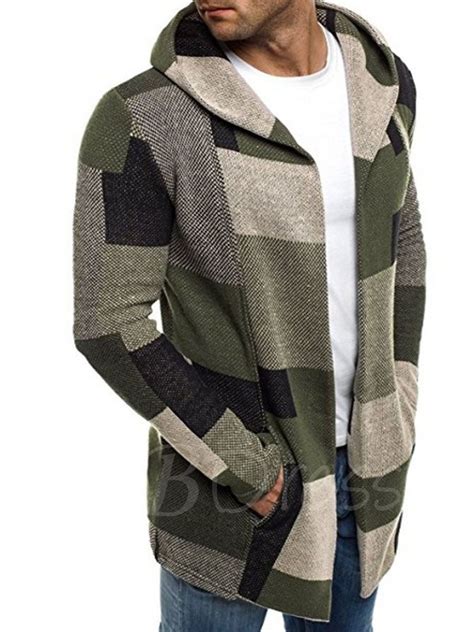 Hooded Patchwork Plaid Slim Cardigan Mens Trench Coat