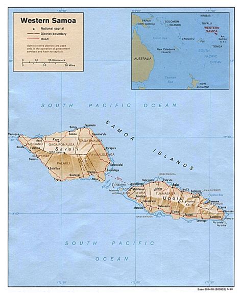 Подробная политическая и рельефная карта Самоа с городами и дорогами