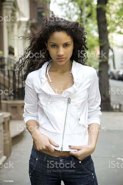 Beautiful Sexy Puerto Rican Young Woman Fashion Model On Sidewalk Stock