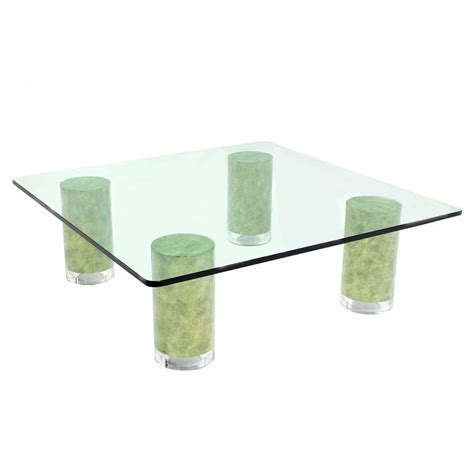 Huge Square Glass Top Coffee Table On Thick Cylinder Faux Finish Legs