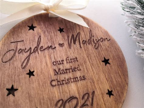 Custom First Married Christmas Ornament Personalised Wooden Etsy