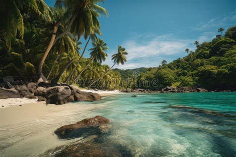 Tropical Beach With Palm Trees And Clear Blue Waters Stock Image
