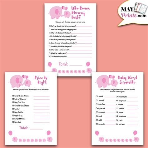 Pink Elephant Baby Shower Games 10 Printable Games In A5 A4 And Us