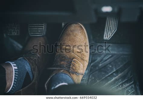 Man Foot Press Break Pedal Car Stock Photo Edit Now 669554032