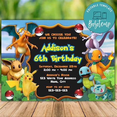 Printable Pokemon Birthday Invitation Templates Instant Download Bobotemp