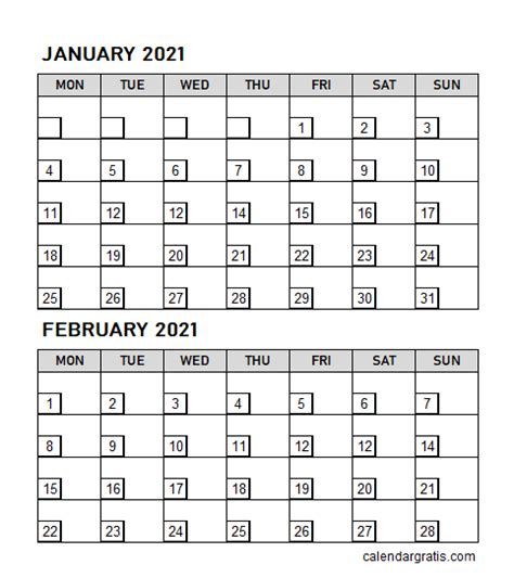 January February 2021 Calendar Holidays Template Two Month Calendar