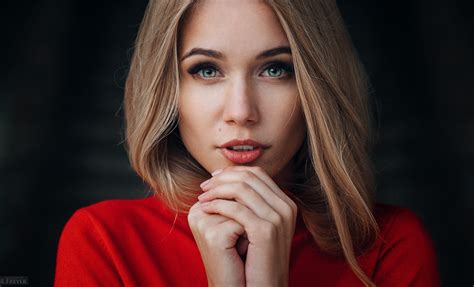 Red Clothing Women Portrait Bokeh Blue Eyes Face Blonde Evgeny Freyer Hd Wallpaper