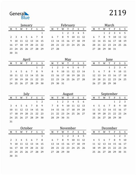 2119 Calendar With Monday Start