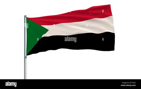 aislar la bandera de sudán en un asta de bandera ondeando en el viento sobre un fondo blanco 3d
