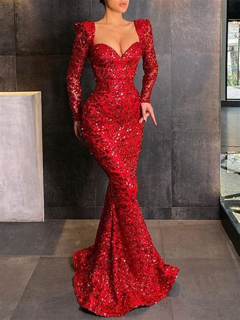 Red Sequin Gown Long Sleeve Dresses Images