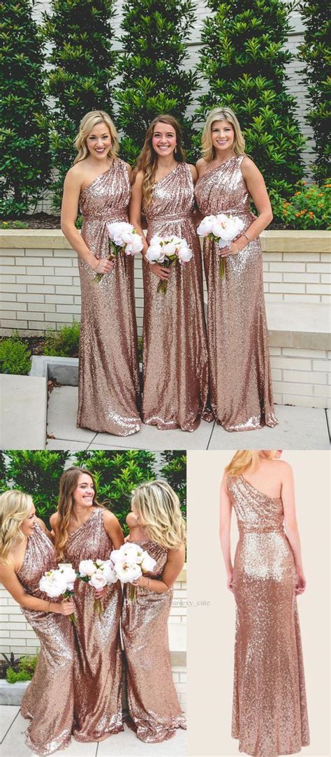 Rose Gold One Shoulder Bridesmaid Dresses Long Sequin Bridesmaid Dresses Fs100