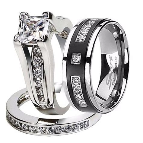 Hers And His Stainless Steel Princess Wedding Ring Set And Titanium