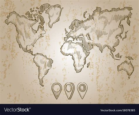Vintage Hand Drawn World Map And Doodle Pins Vector Image