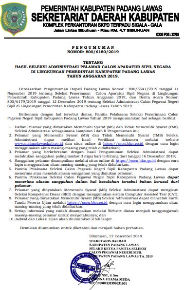 Pengumuman Hasil Seleksi Administrasi Cpns Pemerintah Kabupaten Padang