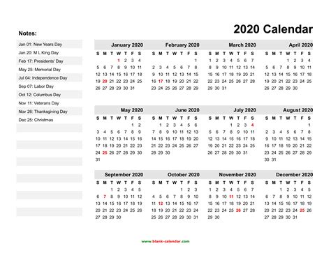 2020 Yearly Calendar Template Printable