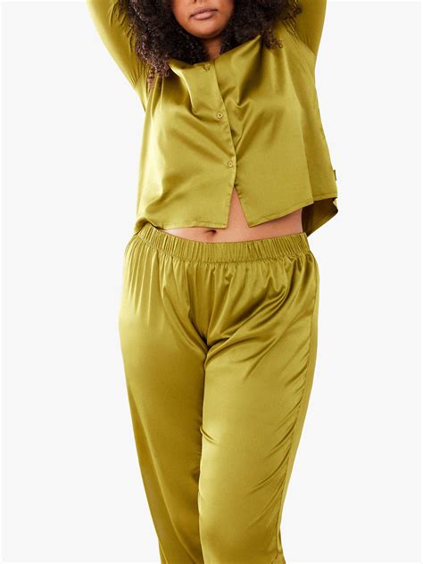 Chelsea Peers Curve Plain Satin Long Sleeve Pyjama Set Olive At John Lewis And Partners