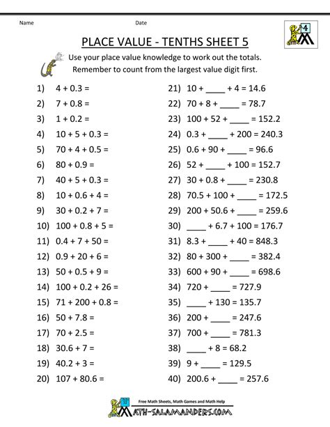 To The Tenths And Hundredths Decimal Place Value Worksheets Free