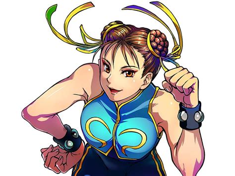 Chun Li Brown Eyes Smile Hair Ribbons Blue Costume Anime Capcom Video Games Brown Hair